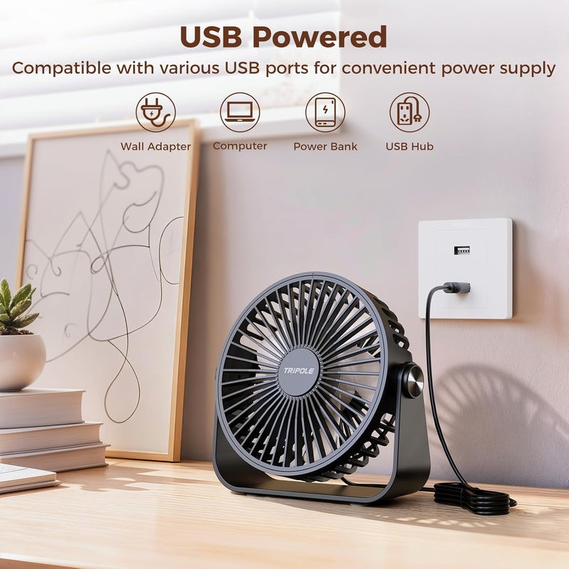 TriPole مروحة مكتب USB محمولة صغيرة قوية 3 سرعات هواء مروحة شخصية مكتبية مع دوران رأس 360° للاستخدام المنزلي والمكتبي والسيارة داخليًا وخارجيًا باللون الأسود، بدون بطارية، 4.5 بوصة - Image 4